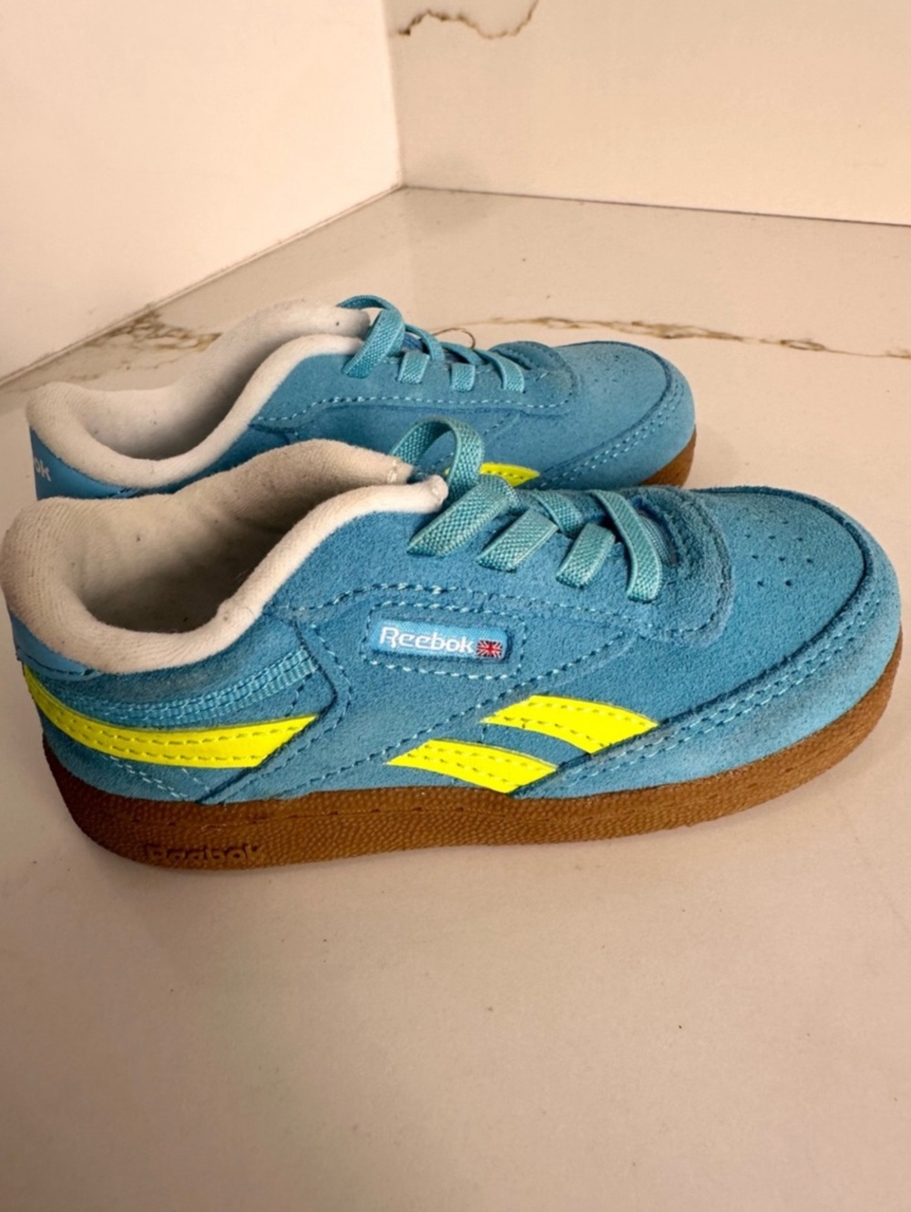 Reebok Club C Revenge Blue Suede Neon Yellow Sneakers Kids Size 8 NWT
